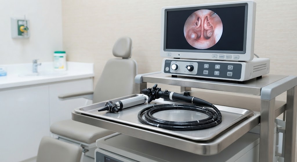 A clean, close-up shot of sterile, advanced diagnostic ENT scope equipment in a hospital room
