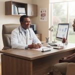 A high-end, wide banner shot of a modern, bright clinical consulting room. A professional, dark-skinned male nephrologist in a white lab coat is sitting at his clean desk