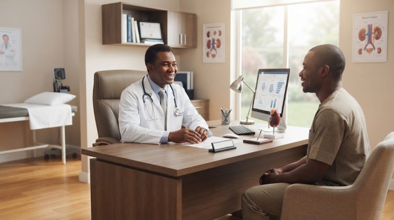 A high-end, wide banner shot of a modern, bright clinical consulting room. A professional, dark-skinned male nephrologist in a white lab coat is sitting at his clean desk