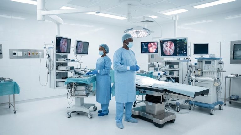 A lead surgeon dark-skinned African man in light blue surgical scrubs, surgical cap, face mask, and sterile gloves