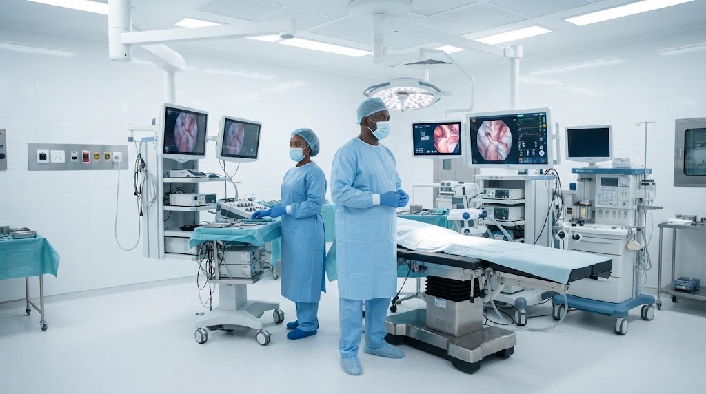A lead surgeon dark-skinned African man in light blue surgical scrubs, surgical cap, face mask, and sterile gloves