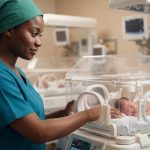 A nurse tends to a newborn in an incubator, ensuring health and safety in a hospital setting.