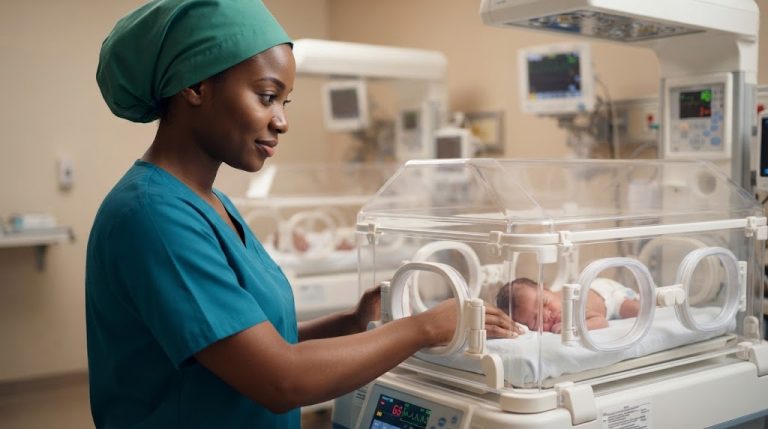 A nurse tends to a newborn in an incubator, ensuring health and safety in a hospital setting.