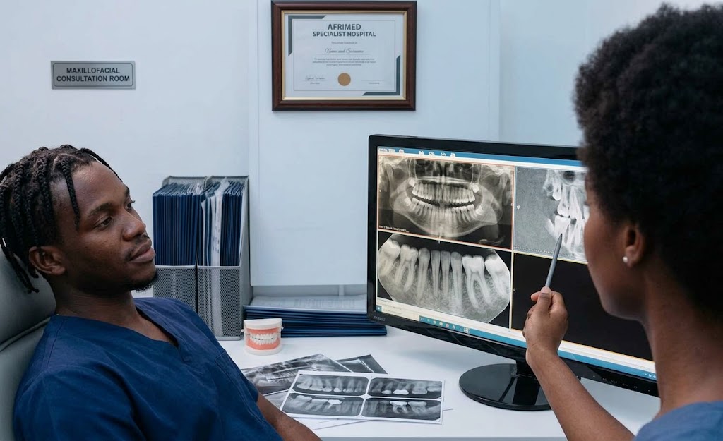 Dentist and patient discussing dental X-ray results in a clinic setting.