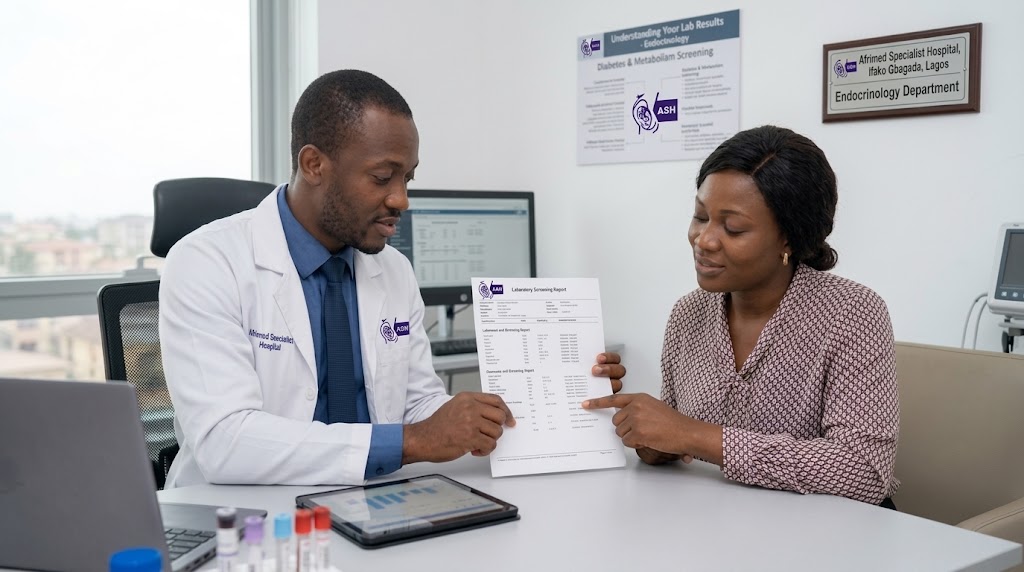 Medical consultant discussing laboratory screening results with a patient