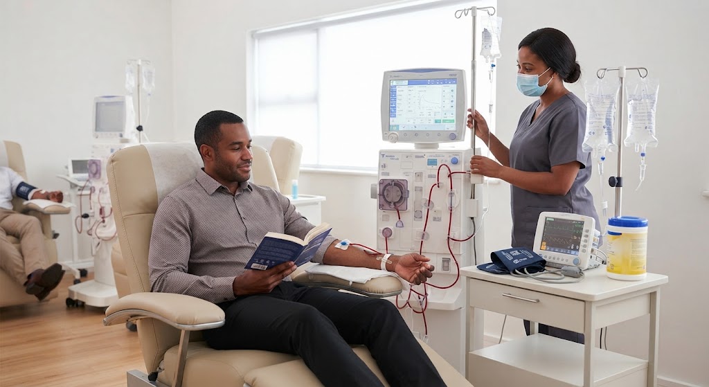 a person receiveing kidney treatment with the common machine and apparatus present